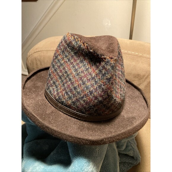Fedora GREVI Wool Felt Trilby Hat Size large Houndstooth Leather Band Italy - Picture 1 of 7